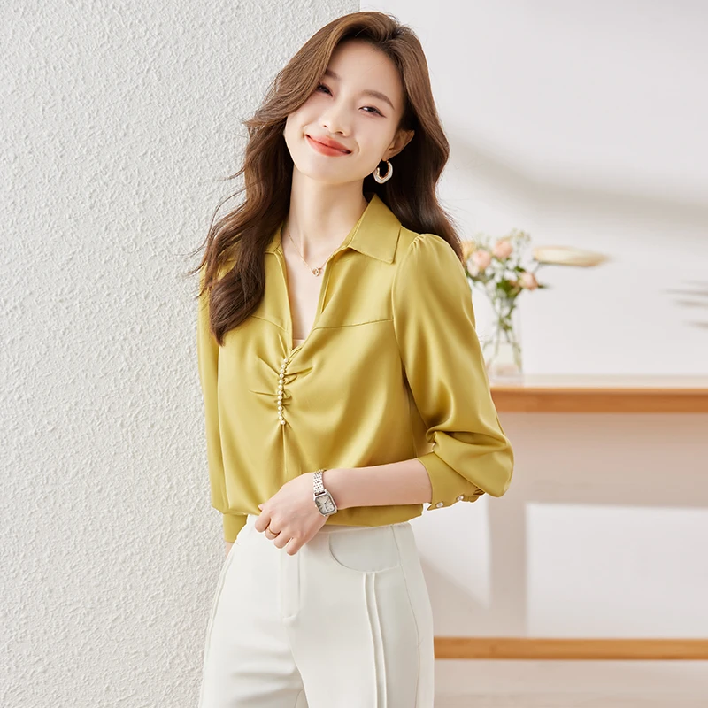 NAVIU Women's Autumn Shirt New Fashion Commute Solid Color Temperament V Neck Long Sleeve Chiffon Blouses Office Ladies Work Top