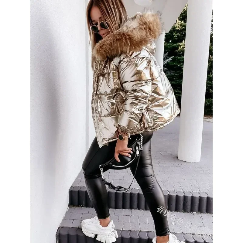 Chaqueta con cuello de piel para mujer, abrigo cálido con cremallera, acolchado de algodón, Parkas con capucha de tendencia, prendas de vestir,