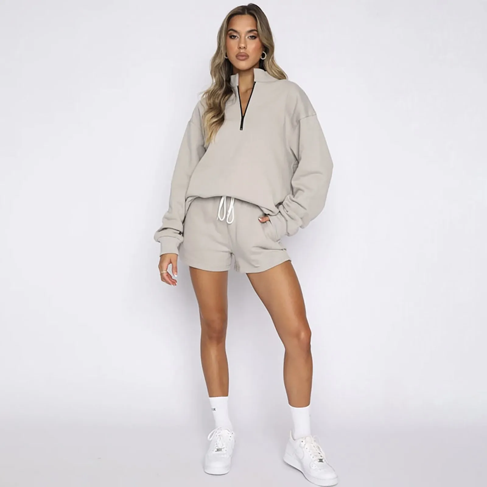 Solid Color Half Zip Stand Collar Pullover Hooded And Loose Casual Drawstring Shorts Two Piece Set Korean Casual Groups of Pants