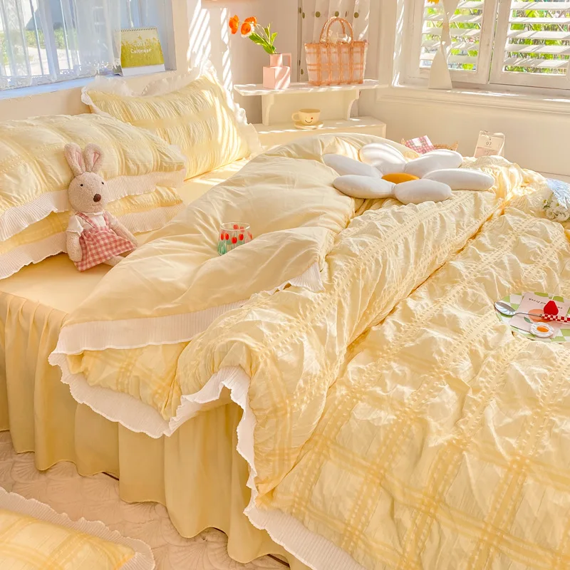 Korean Seersucker Duvet Cover Set with Pillowcases Flat Sheet Adults Kids Twin Full Queen Size Bedding Set Bed Linen Quilt Cover