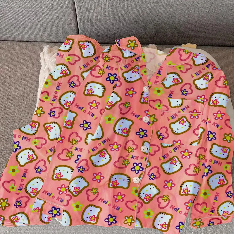 Sanrio Hello Kitty estampado de dibujos animados primavera y otoño pijamas finos de manga larga para mujer cárdigan con solapa lindo conjunto de ropa de descanso