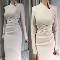 Customized Elegant Long Sleeves Straight Evening Dresses Saudi Arabia Floor-Length Pleats Prom Dress Gala Special Wedding Guest