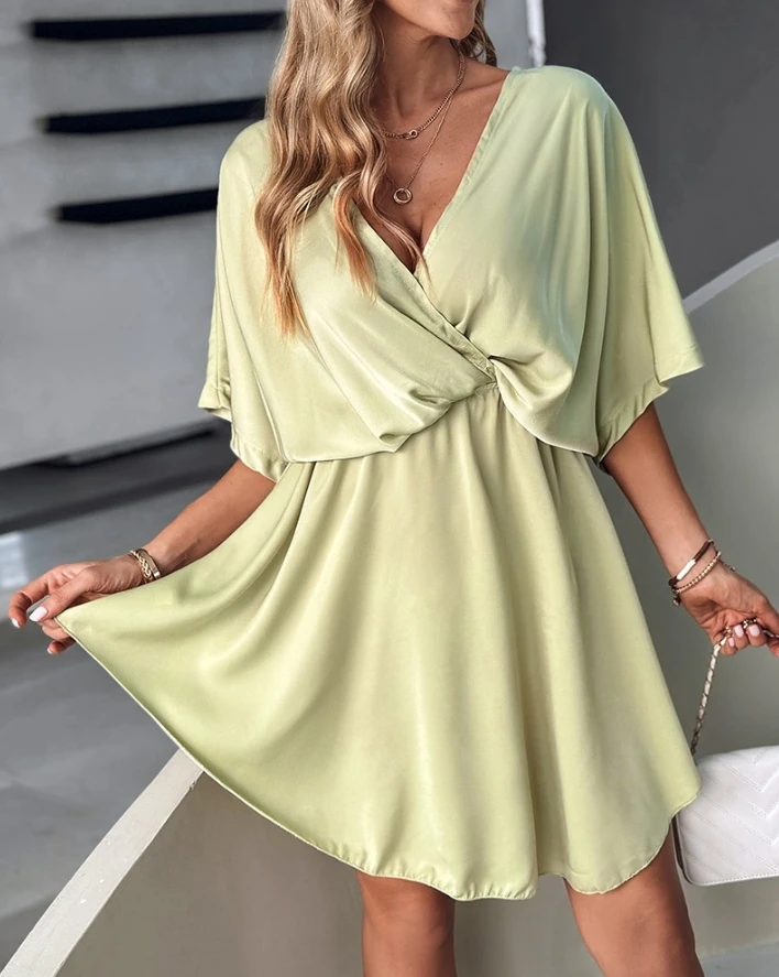 Sexy Elegant Dresses for Women Batwing Sleeve Overlap Flowy Swing Dress New Fashion 2024 Summer Casual Female Clothing Outfits