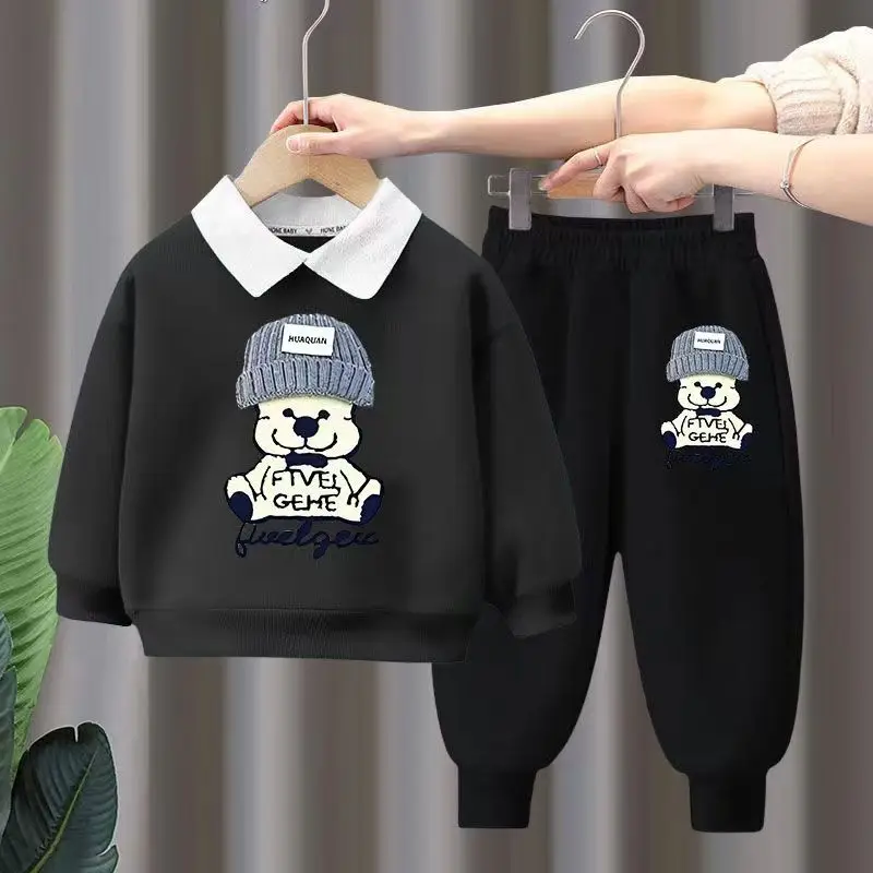 Autumn Baby Girls Clothes Set Children Boy Lapel Cartoon Printed Pullover Sweatshirts And Pants 2pcs Suit Children Tracksuits