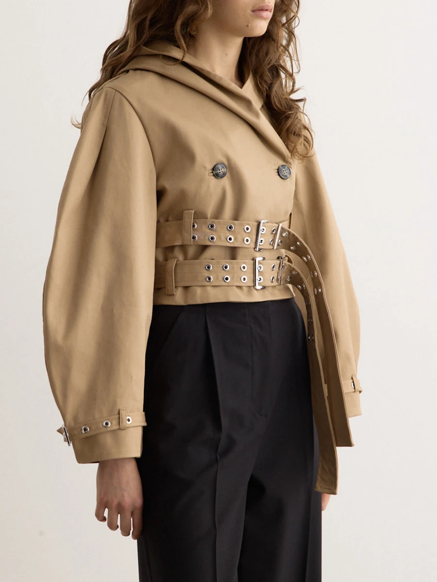 VGH Solide Französisch Elegante Kurze Mantel für Frauen Mit Kapuze Langarm Gespleißt Doppel Gürtel Dekoration Baiscs Jacke Weibliche Neue Trendy