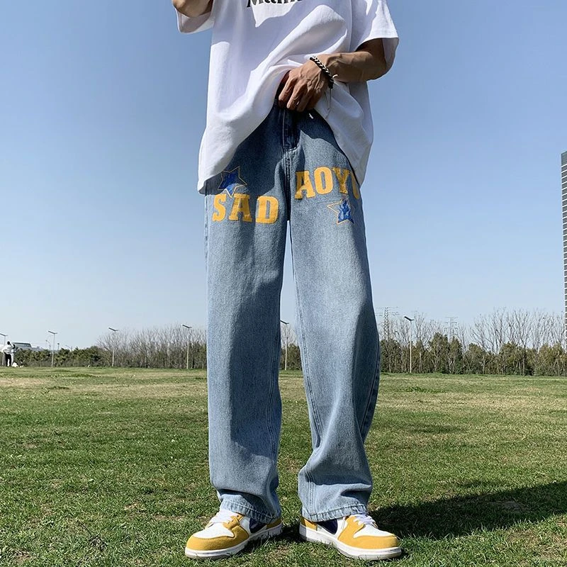 Trousers Straight Jeans for Men with Print Male Cowboy Pants Star 90s Streetwear Buggy Original Oversize Korean Style Cotton Xs