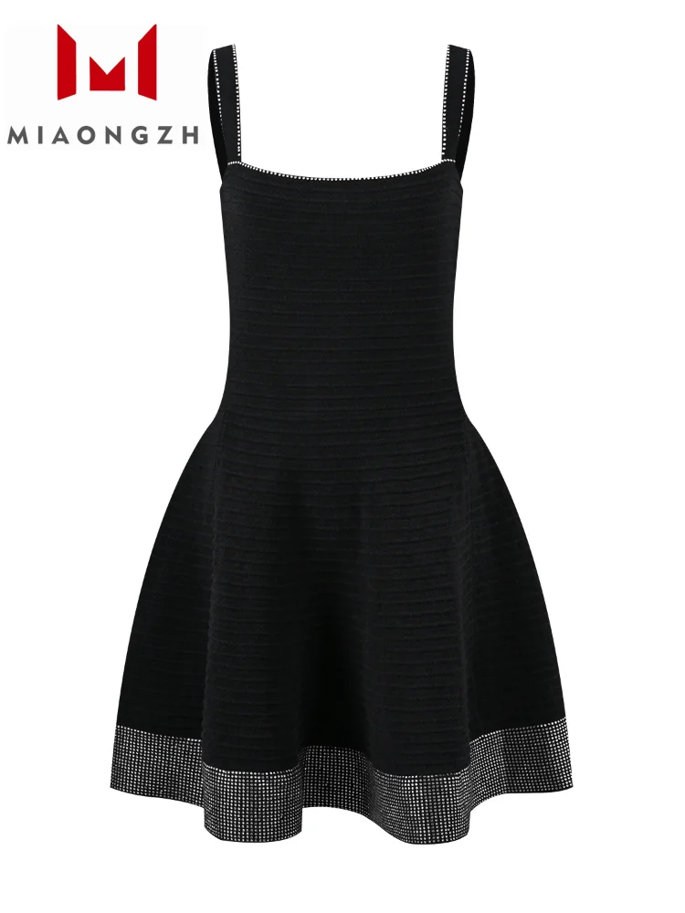 

Black Rhinestone Slim Knitted Dress For Women Sleeveless Spagherri Strap Elegant Fashion party Dresses Female Clothing High Qual