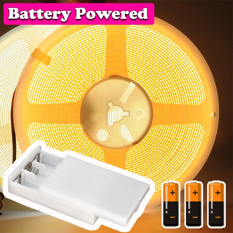5V COB LED Light Strip 3AA Battery Powered Flexible Ribbon Diode 8MM High Density Linear Lighting Adhesive Tape Cabinet Lighting