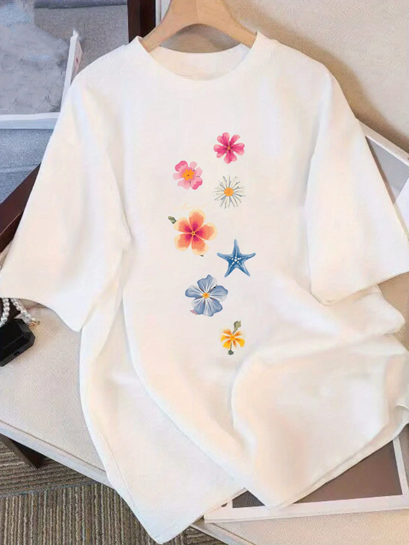 

Light Grey Floral Tee with Pastel Colors Everyday Harajuku Short Sleeve Casual T-shirt Clothing Street Tops Aesthetic Clothes