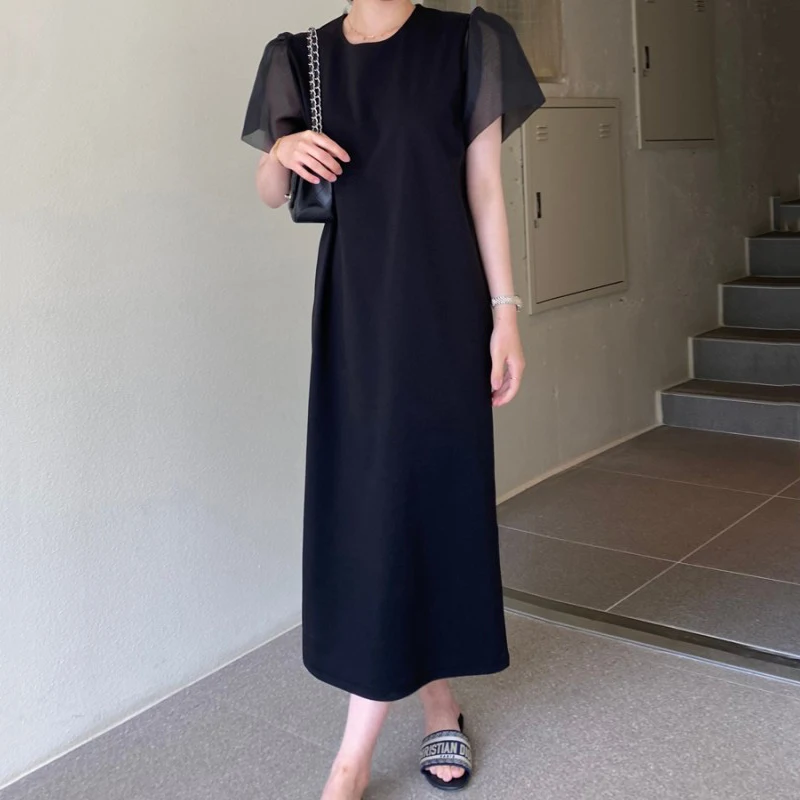 Chic Summer Hepburn Sle round Ne Loose Fit Long Dr Women's Knee-Length Fly Sve Dr Ele Casual Maxi Dr