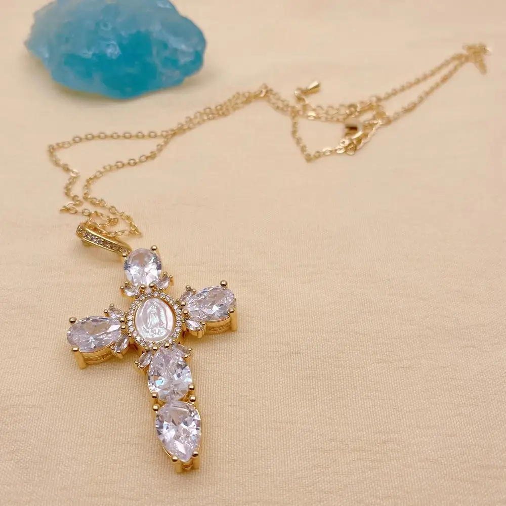 Y·YING Virgin Mary Cross Pendant Chain Necklace Mother Shell Pearl CZ