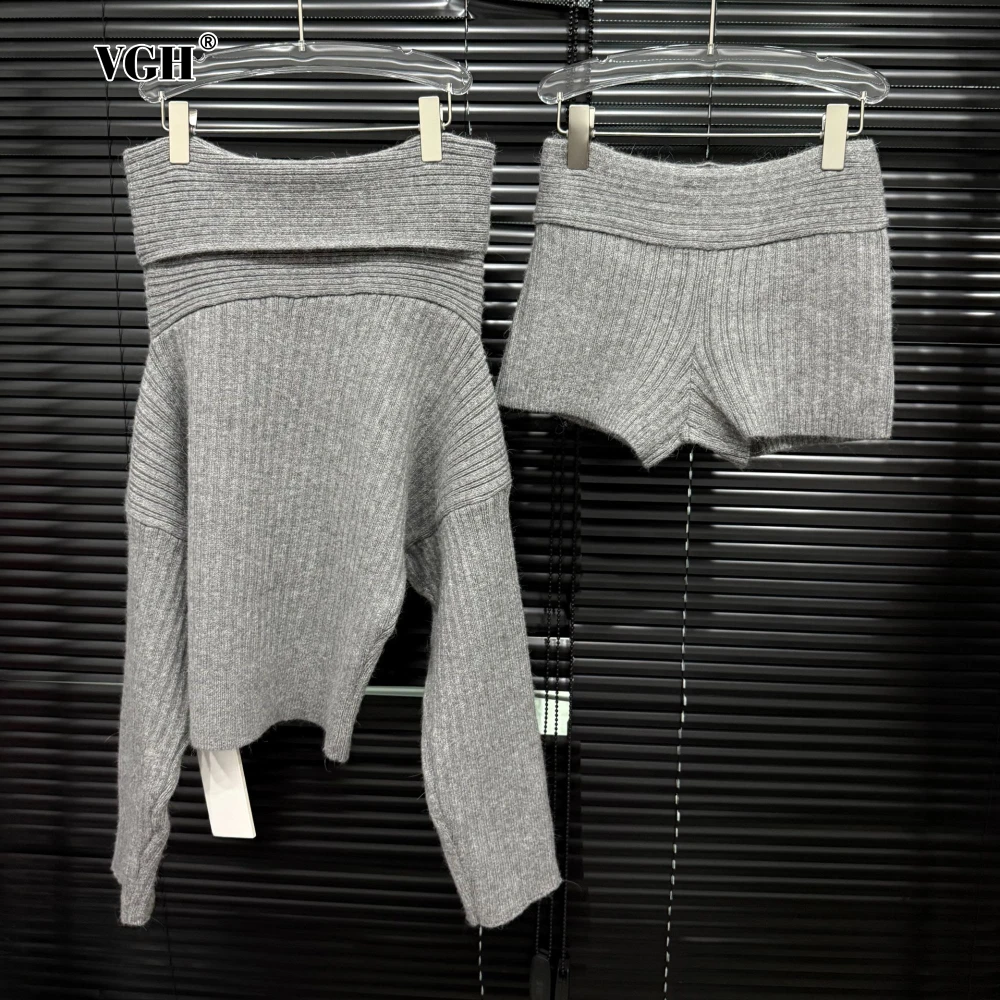 

VGH Fashion Knitting Short Sets for Women Slash Neck Batwing Sleeve Loose Sweater High Waist Slim Pant Temperament Outfit Female