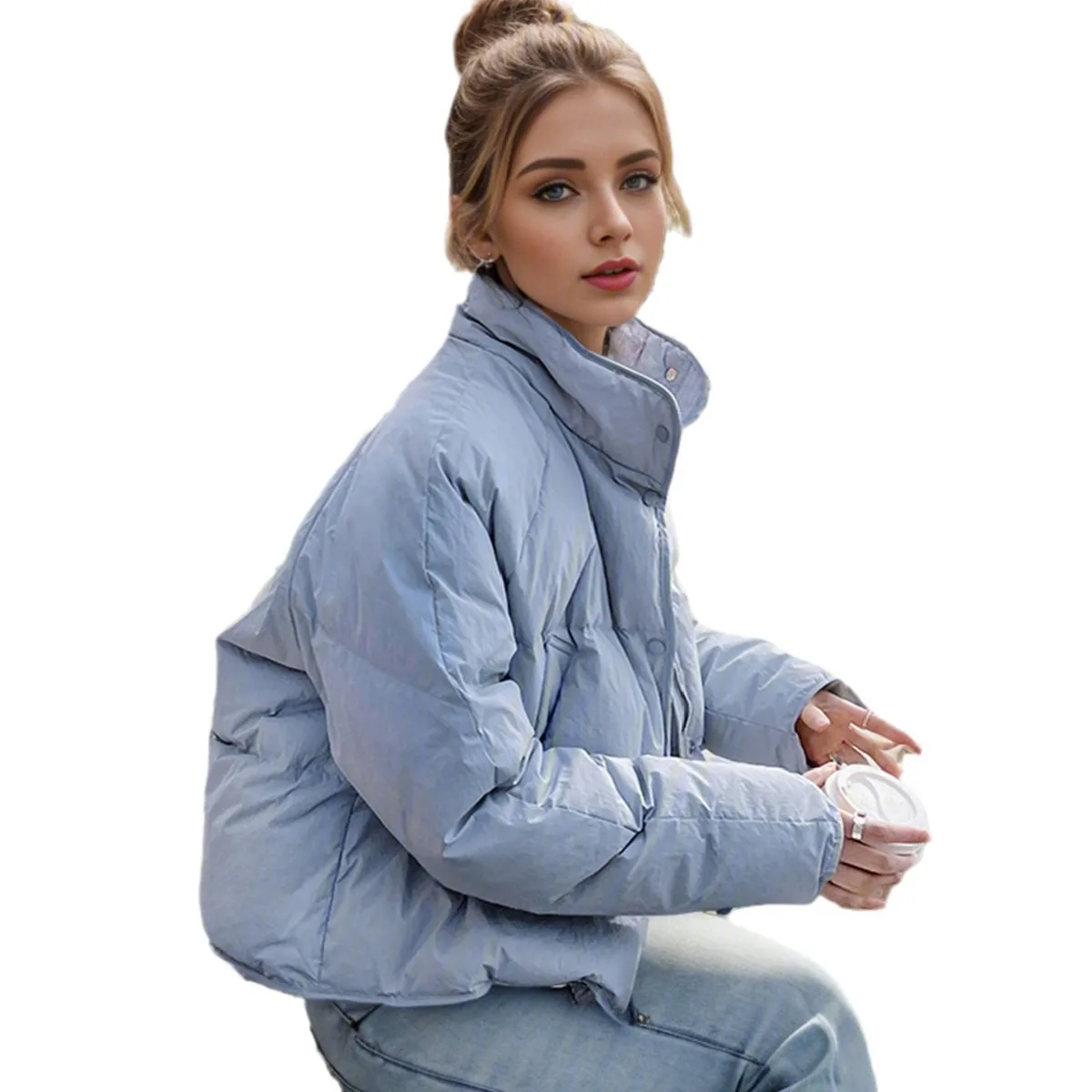 Veste d'hiver en coton pour femme, col haut, épaisse et chaude, manteaux de couleur Pure, Parkas, veste rembourrée pour femme