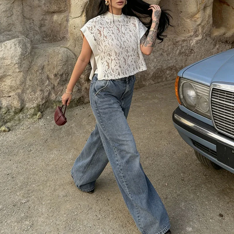 

White Sexy Embroidered Lace See-through Shirt 2026 Spring Elegant O Neck Hollow Women Top Summer Sleeveless Cover Blouse T-shirt