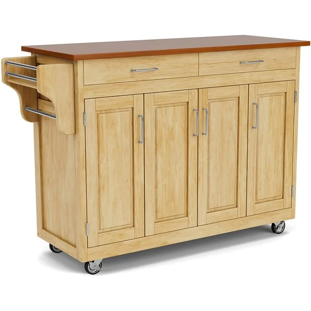 Kitchen Island Natural Finish Four-door Cabinet with Oak Top, Four Wood Panel Doors, Three Adjustable Shelves, Two Drawers