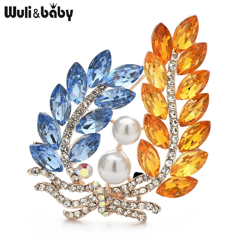 Wuli&baby Crystal Wheat Badge Brooches For Women Unisex Blue Yellow Grain Plants Flowers Party Office Brooch Pins Gifts