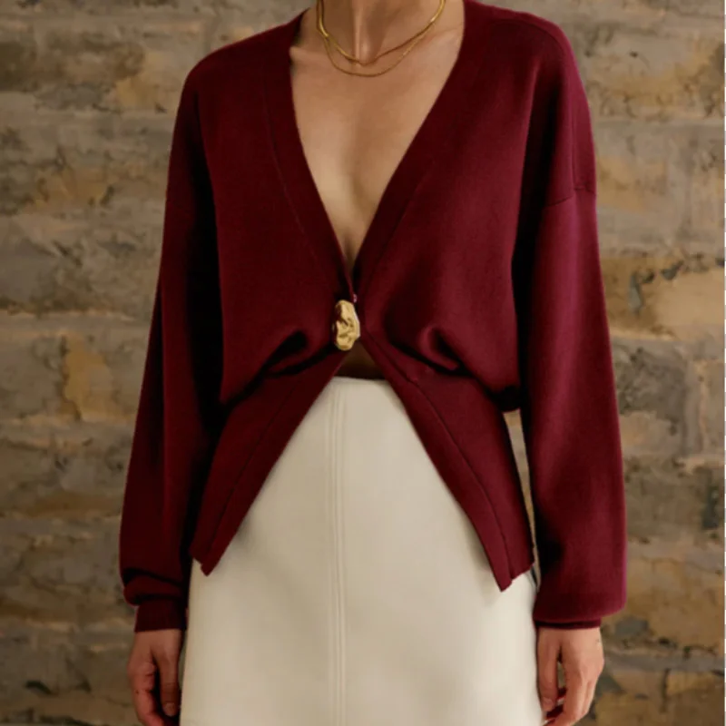 

YY66520 25 Spring New Women's Clothing European and American Retro V-neck Cardigan Sweater Casual Loose Long Sleeve One Button K