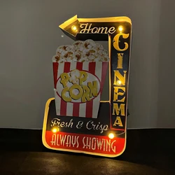 Popcorn Vintage Retro Tin Signs, Handmade Light Up Metal Sign, Popcorn led sign, for Home Theater Living Room Pub Wall Decor