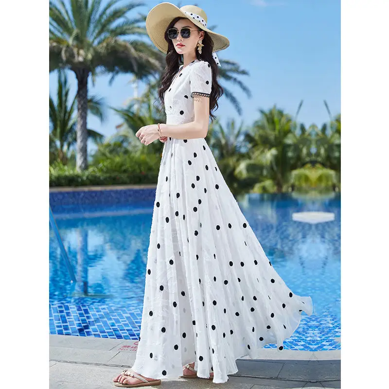 White Polka Dot Dress Women's 2022 Waist Closed to Show Thin Temperament, Elegant Chiffon Large Swing Super Long Skirt to Ankle