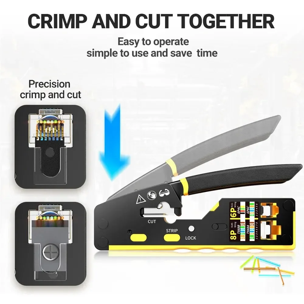 Linkwylan EZ-Type RJ45 Network Crimper - 3-in-1 Crimp/Cut/Strip Lan CAT8/7/6A/6/5E (STP/UTP) & RJ11/12 Tel Modular Cable