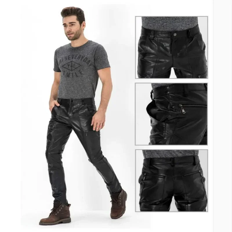 S-4xl Men's Motorcycle Leather Pants Autumn And Winter Casual Fashion Slim Sheepskin Motorcycle Riding Genuine Leather Pants