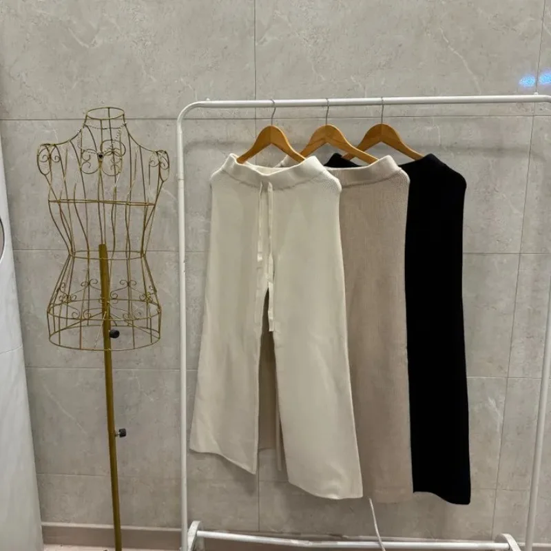 Chic taille haute tricoté pantalons décontractés femmes coupe ample Simple Sle automne hiver nouveauté longueur de plancher pantalon à jambes larges