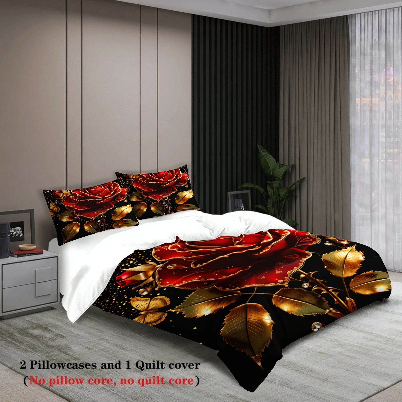 Rose Gold Floral Bedding Set Black Red Rose And Golden Leaves Print Bedding With Duvet Cover Pillowcases For Bedroom Decor