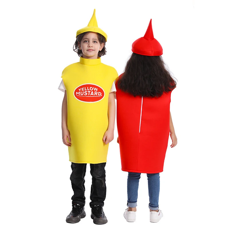 Halloween Kostüm Kinder Unisex Ketchup und Senf Kostüm Jungen Mädchen Cosplay lustige Essen Tunika für Kinder Outfits mit Hut