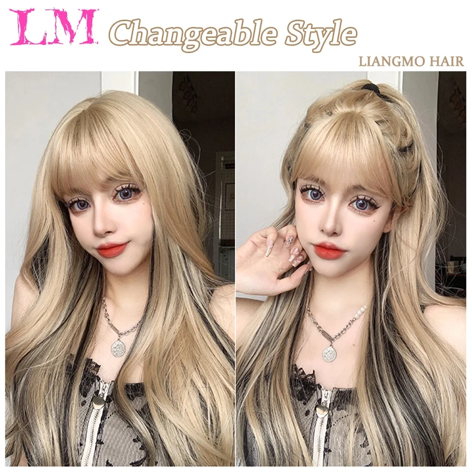 LM Light Black Blonde Synthetic Wigs With Bangs for Women Long Wavy Hair Wig Natural Cosplay Party Heat Resistant