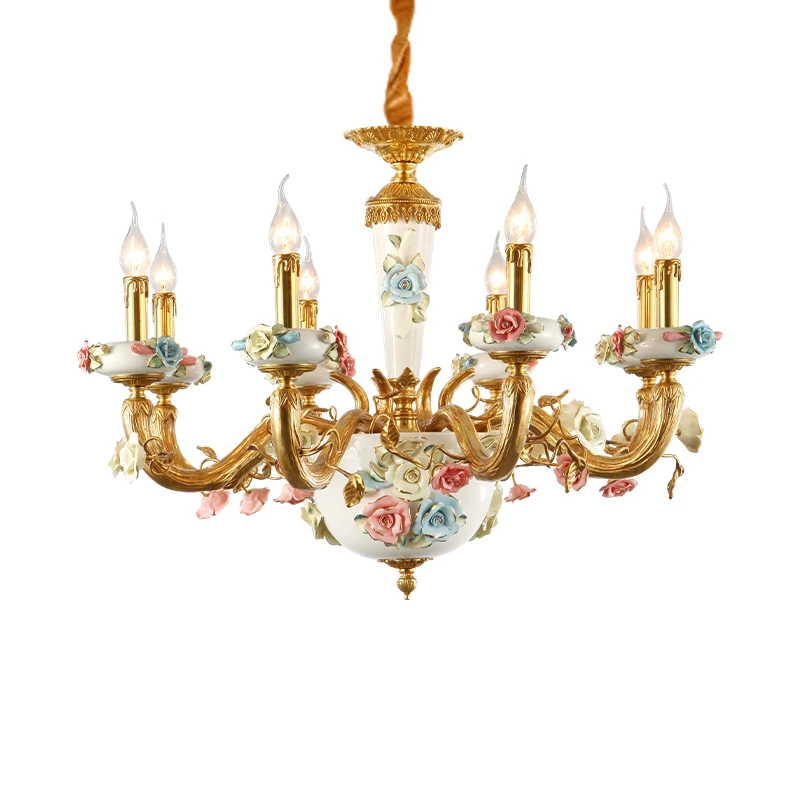 

French Romantic Porcelain Rose Chandelier Antique Rococo Gold Chandelier Quality Interior Chandelier Home Lighting