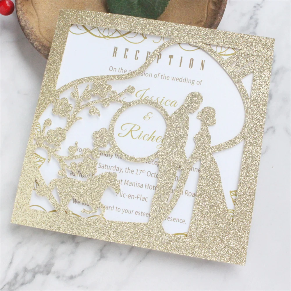 Glittery Gold Wedding Laser Invitation Card Guitar Floral Couple Design Customized Text Printing 50 Sets