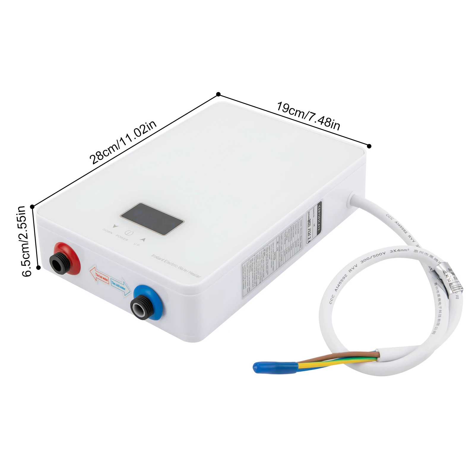 Chauffe-eau instantané 6Kw, en acier inoxydable blanc, commande tactile verticale avec robinet rotatif