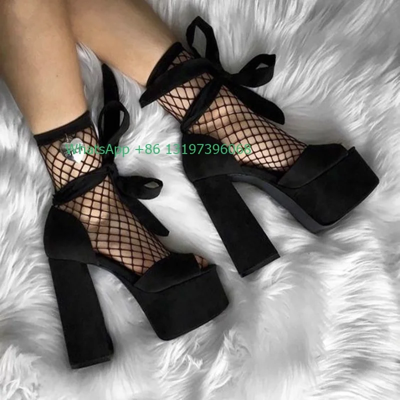 

Ladies sexy solid black suede lace-up sandals platform party shoes peep toe thick square heel office shoes banquet shoes size 43