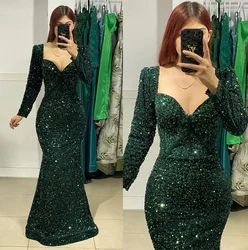 Dark Green sequins Muslim Evening Dress Elegant Long Sleeves Mermaid Dress Bone Bodice Special Occasion Formal Dresses for Women