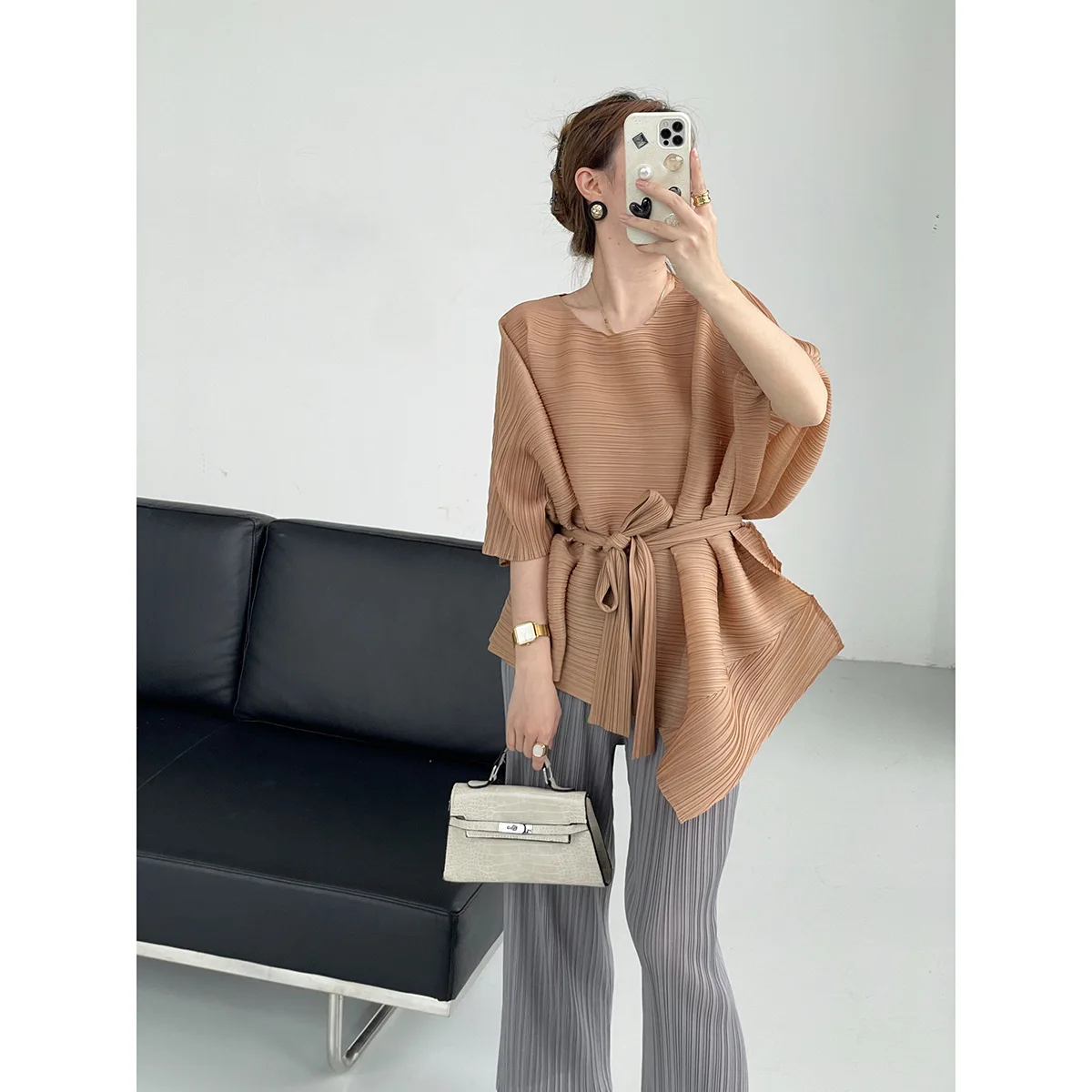 Women Pleated T-shirt 2026 Autumn Round Neck Drawstring Waist Loose Elegant Long Blouse Tops Irregular Vestidos De Mujer Robe