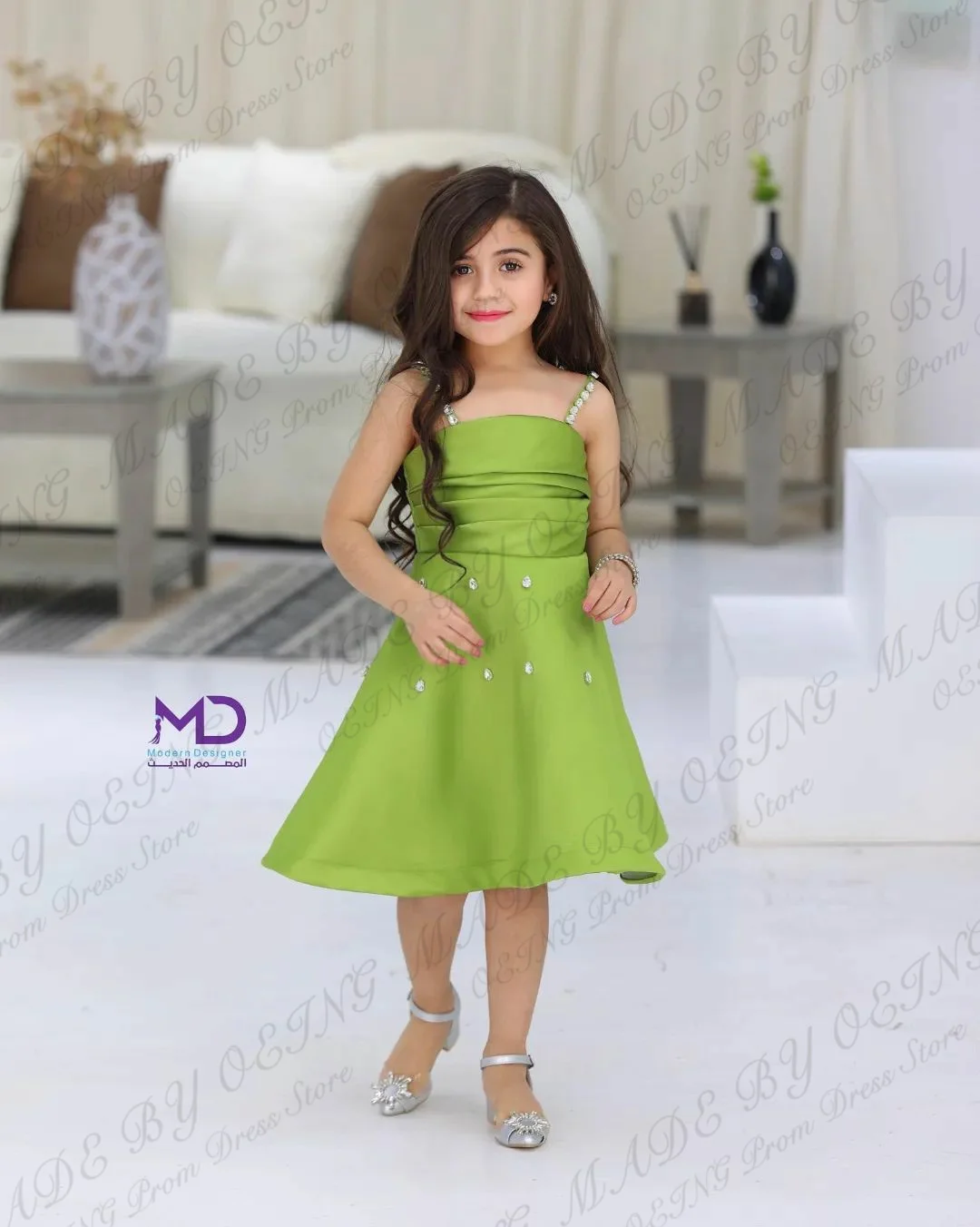 OEING-Abacate Green A Line Prom Vestidos, Elegante Crystal Spaghetti Strap, Mãe e Filha, Photo Shoot, Celebrity Party Dresses