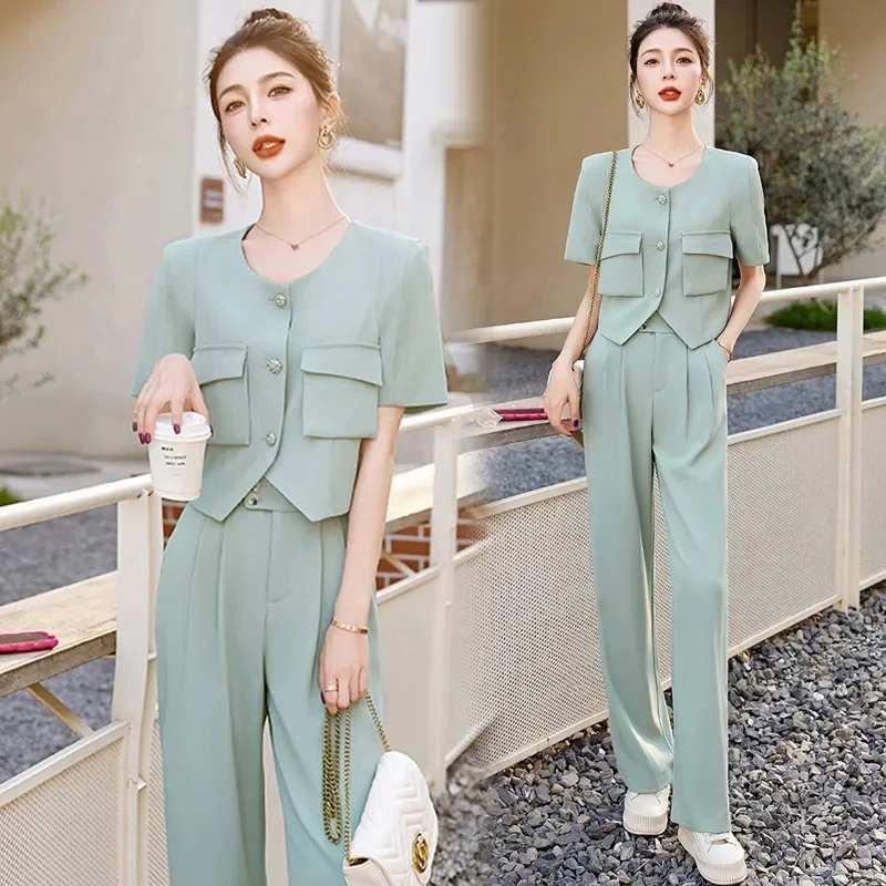 Leisure Fashion Set Women\'s 2023 Summer New Style Short Sleeve Top Wide Leg Pants Suit Two Piece Suit Female High-Quality Gray