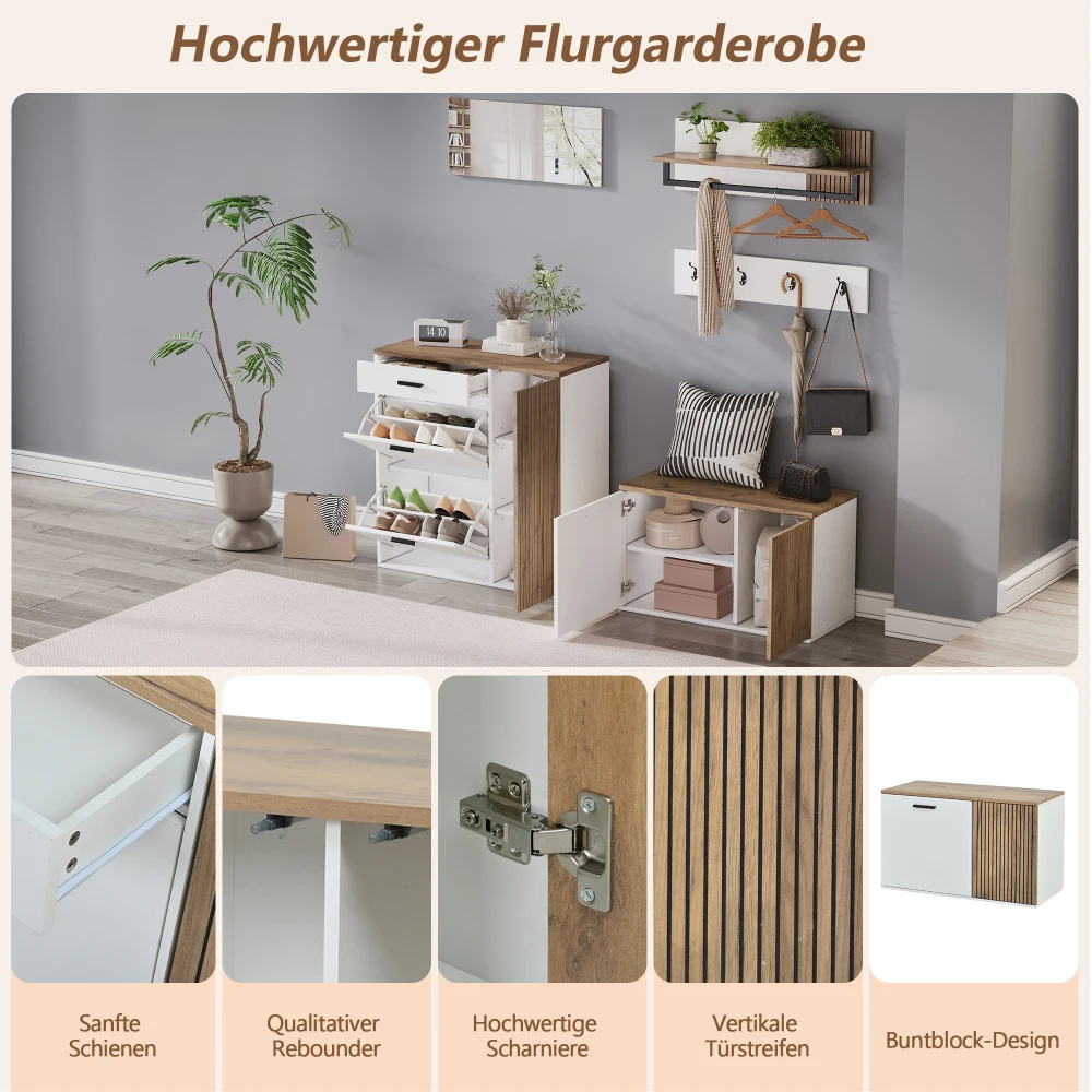 PINGGO 5-teiliges Eingangsbereich-Schuhregal-Set mit Schuhbank, Spiegel, Hängetasche und 4 Haken für Flur und Wohnzimmer – Detail 5