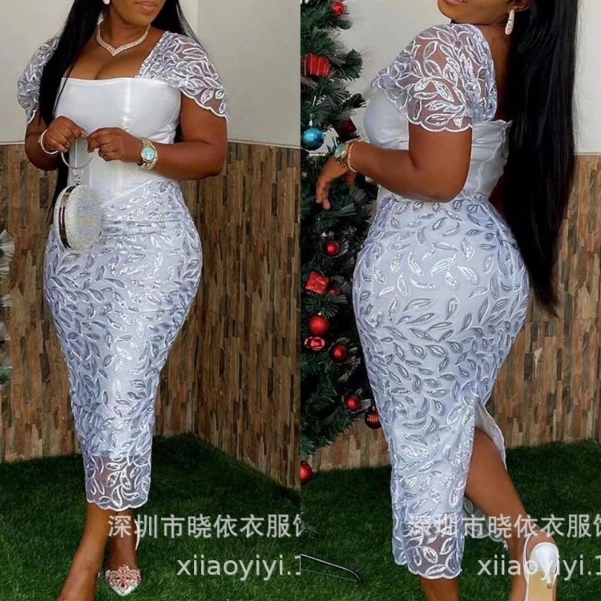

Women Print Dress Square Collar Y2k White Long Dresses High Waist Sexy Lace Spliced Short Sleeve Vestidos Party Summer Skinny