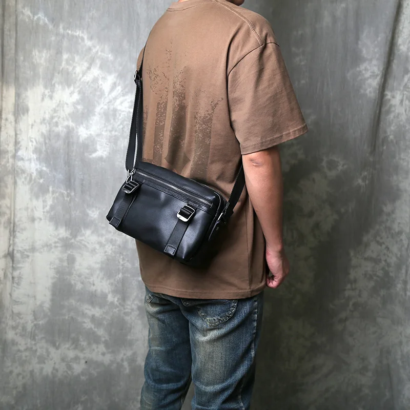 Top Layer Cowhide Leisure Motorcycle Bag Men's Leather Shoulder Bag Horizontal Postman  Single Shoulder Crossbody Bag