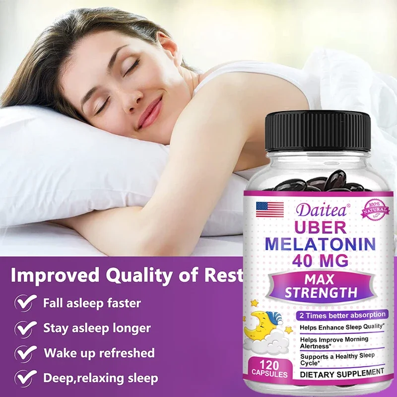 Daitea Melatonin Supplement 40mg Contains Vitamin C Theanine Extract Capsules to Promote Sleep Quality & Alertness Non-GMO