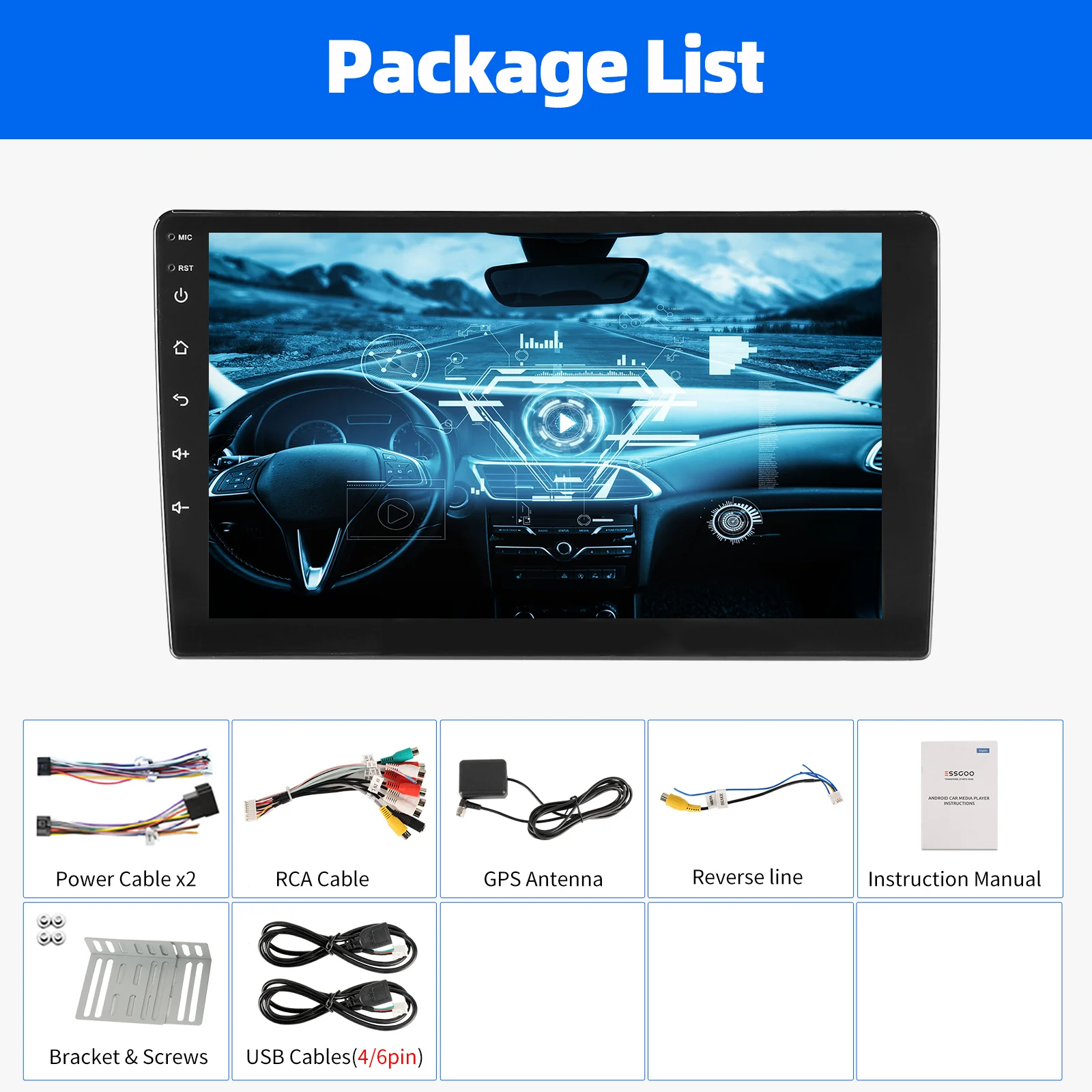 ESSGOO 4+64G Autoradio met Draadloos CarPlay en Android Auto, 9" IPS Touchscreen Double 2 DIN, GPS, SAT NAVI, FM, DAB+, Wi-Fi, USB, SWC, Multimedia Speler.
