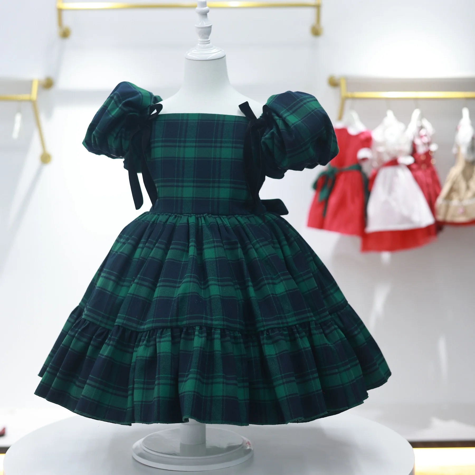 0-12Y طفلة الصيف الخريف الأخضر منقوشة خمر الإسبانية الأميرة الكرة ثوب ثوب لعيد السببية عيد الميلاد C157