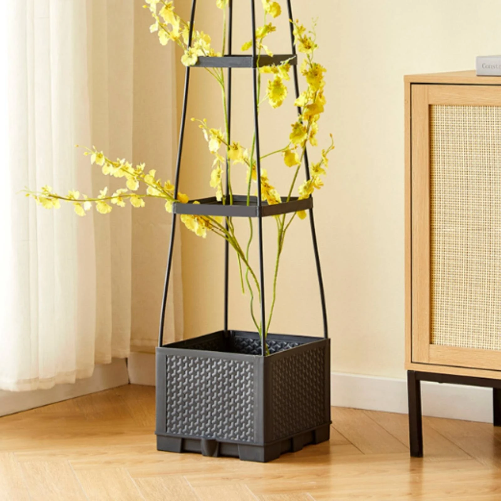 Planter with Trellis Textured Climbing Planter Box Plant Support Frame Footed Black for Rooftop