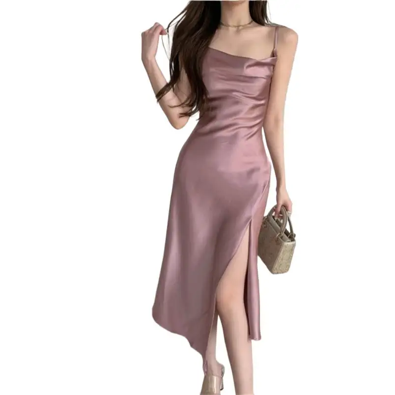 

High Quality Sexy Satin Evening Party Dresses Spaghetti Strap Sweetheart High Split Long Dress Vestidos de fiesta 2024 Summer