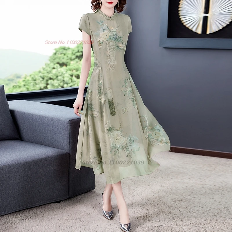 2025 chinese vintage dress improved cheongsam national flower print a-line chiffon qipao oriental banquet evening dress vestido