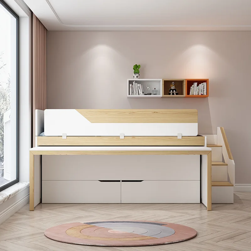 Upper and lower learning integrated bed small apartment with trailer desk space saving multi-functional combination
