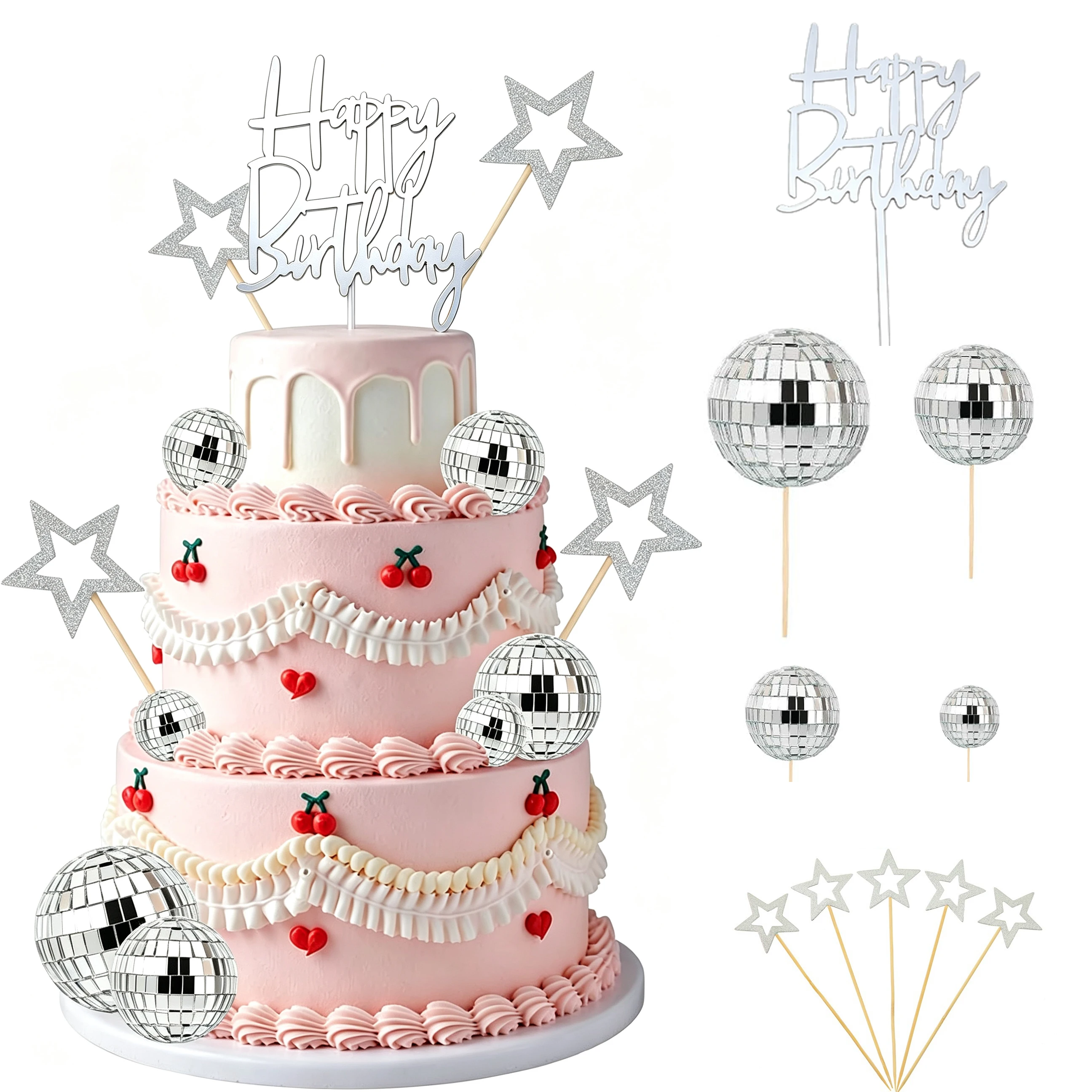 33pcs Disco Silver Ball Cake Topper Happy Birthday Insert Mirror Ball Cake Decorations for 1970s Party Birthday Wedding Baby Sho