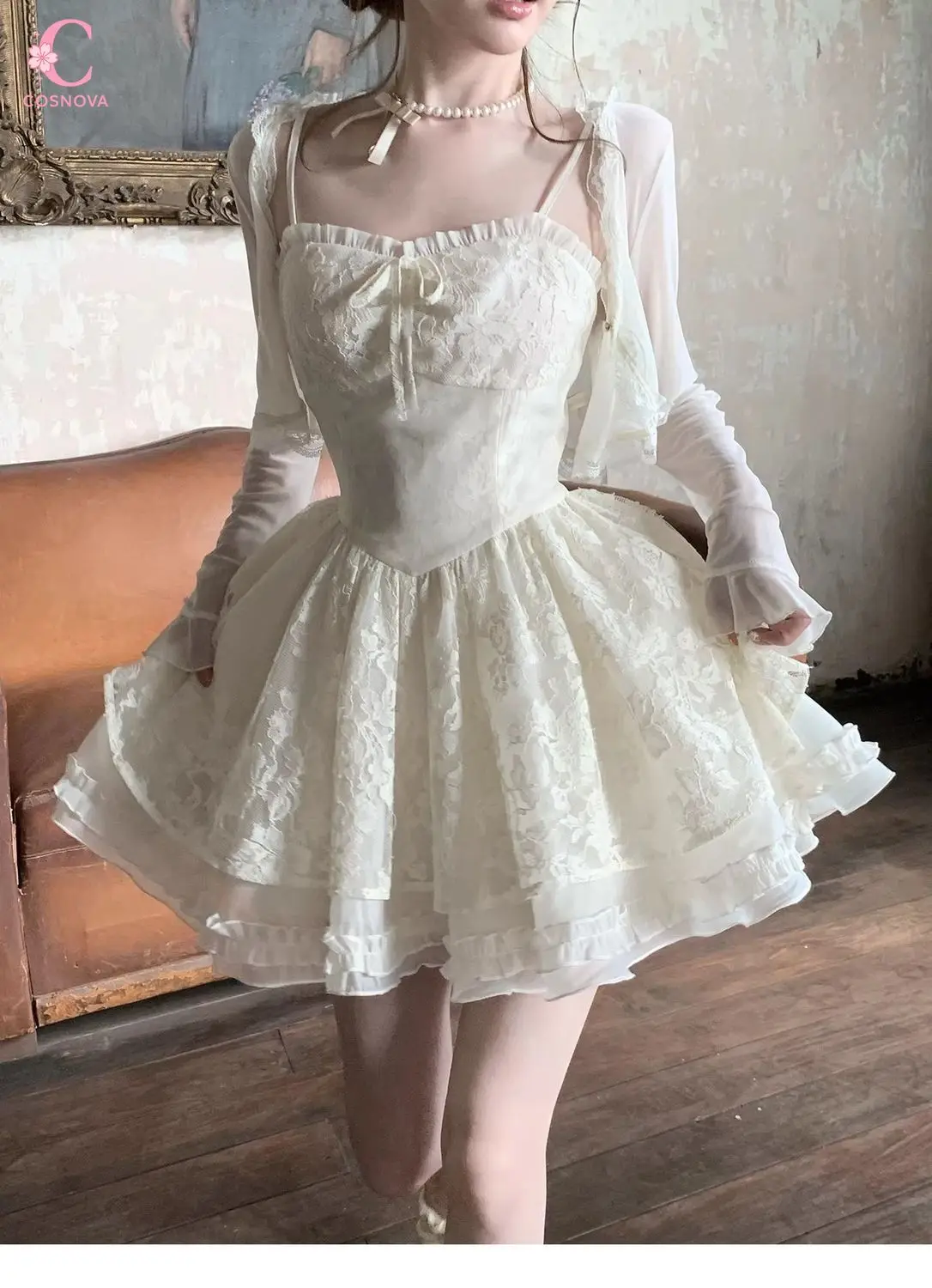 

Весенне-летний комплект из 2 предметов: Пышное платье принцессы из тюля на тонких бретелях и кардиган. Женский повседневный наряд в корейском стиле для светских мероприятий.