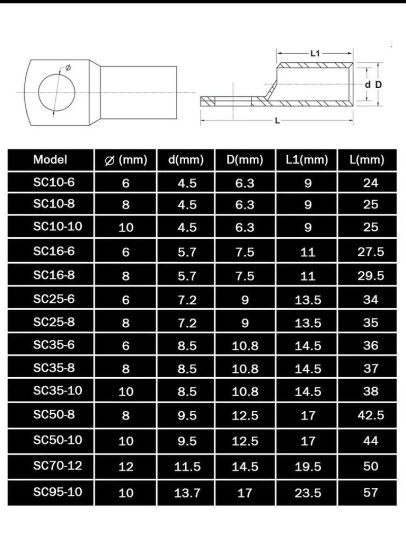 50PCS Battery Copper Crimp Terminals Cable Lug Eyelet Wire Ring Connector 6MM² - 95MM²  Wire Connector Terminals  Terminator